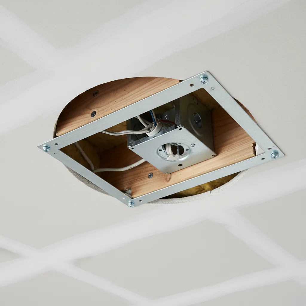 Recessed light housing exposed inside a ceiling with visible mounting bars and wiring