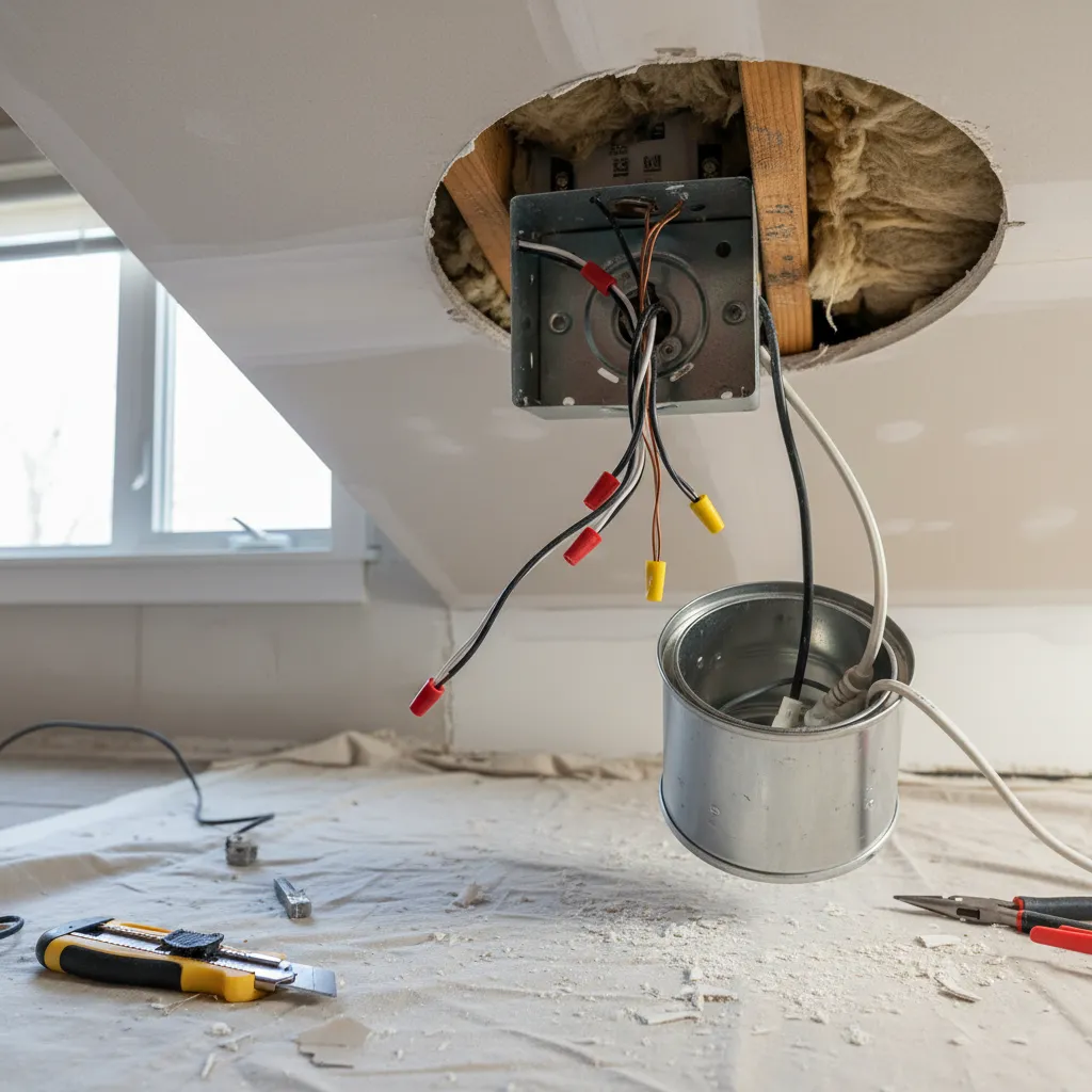 Open recessed lighting junction box showing hot neutral and ground wires