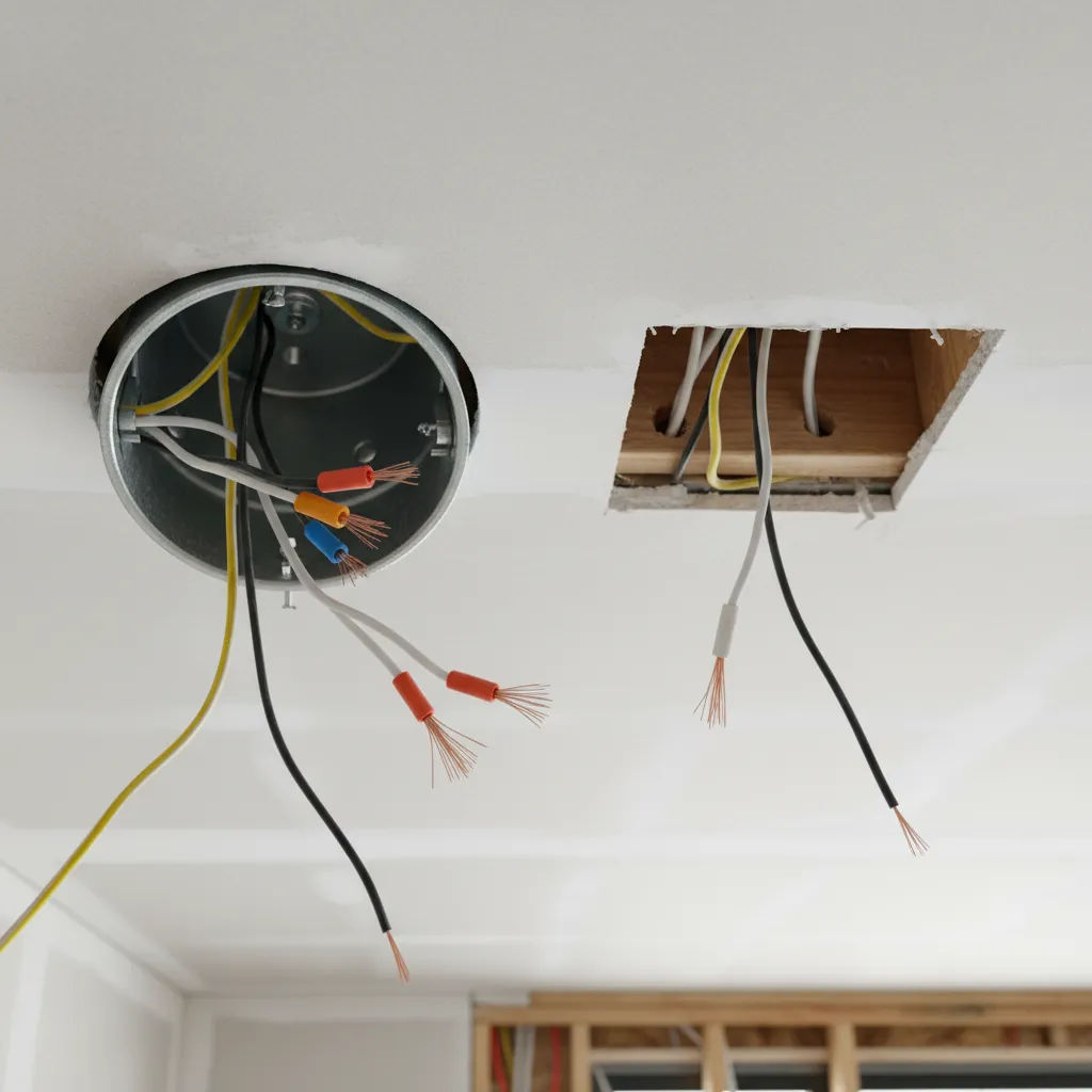 Open junction box attached to recessed light housing showing wire connections