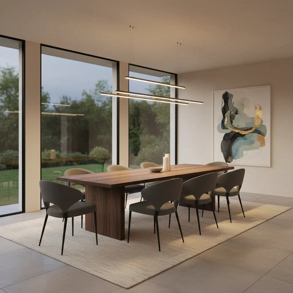 Recessed lights positioned around dining table instead of directly above seats