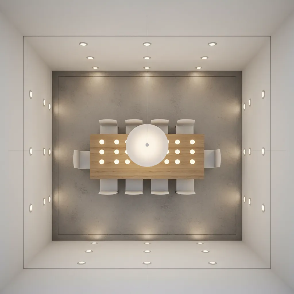 Ceiling plan diagram showing recessed light spacing in a dining room