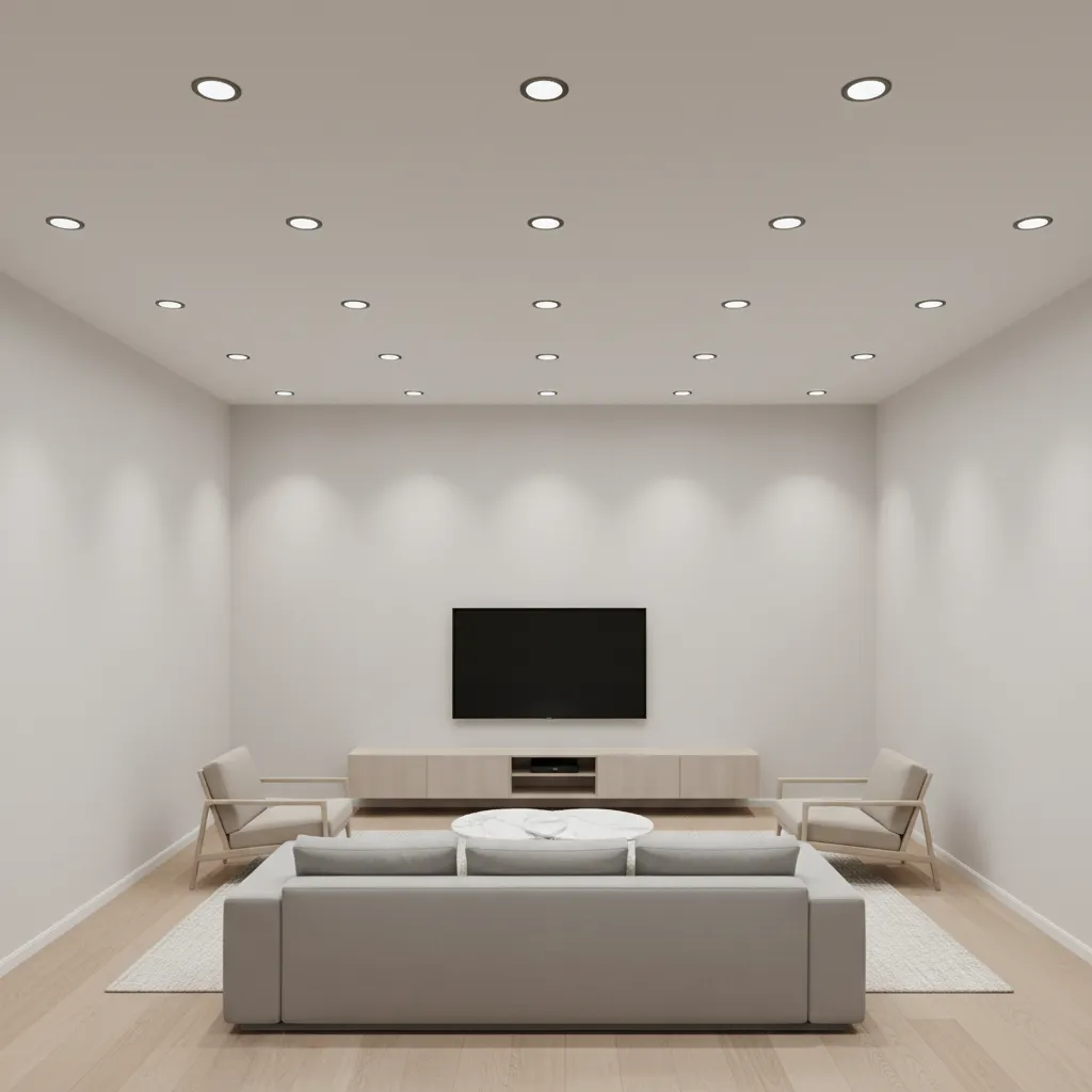Ceiling layout showing recommended spacing for recessed pot lights in a room