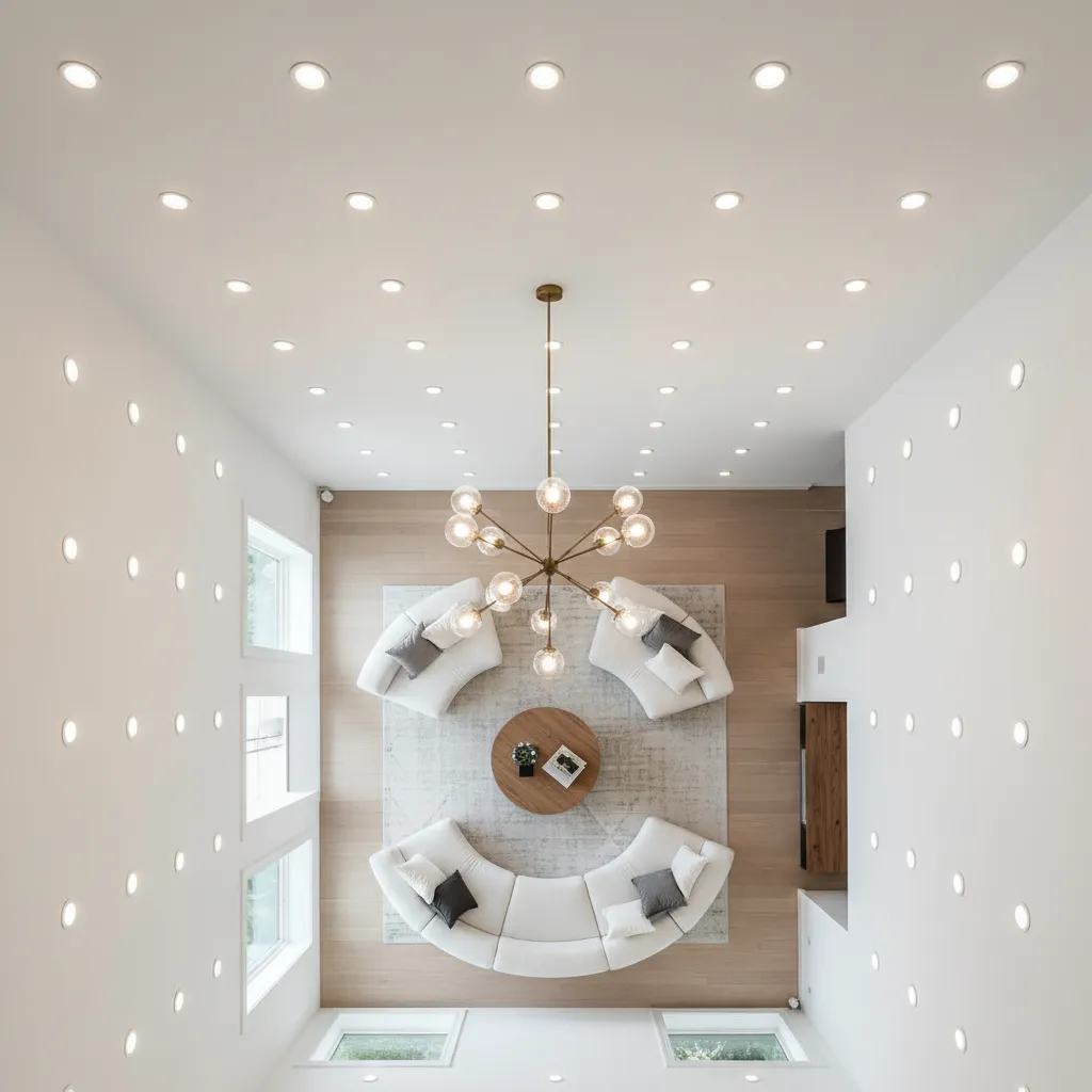 ceiling layout with recessed lighting grid in large living room