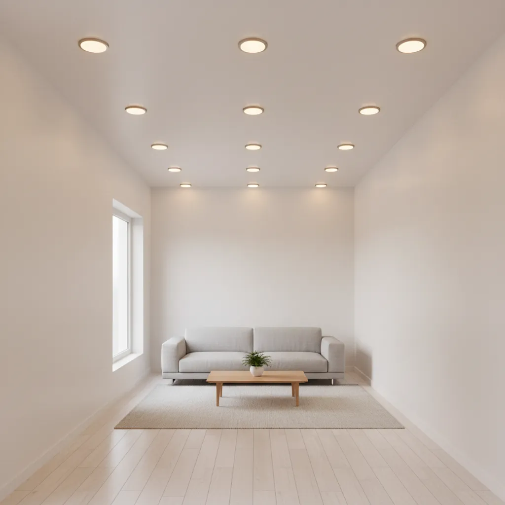 Small room ceiling with evenly spaced recessed lighting