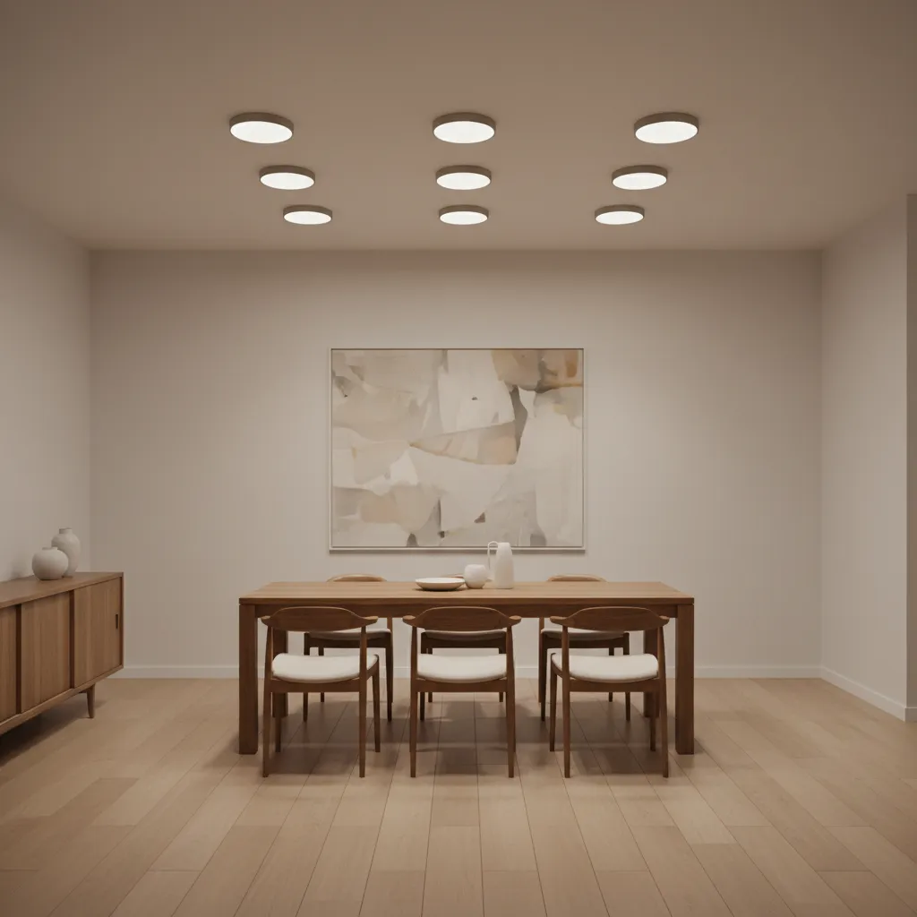 Ceiling recessed lighting layout around dining table