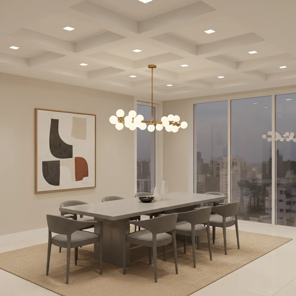 Dining room ceiling layout showing recessed lights positioned around chandelier
