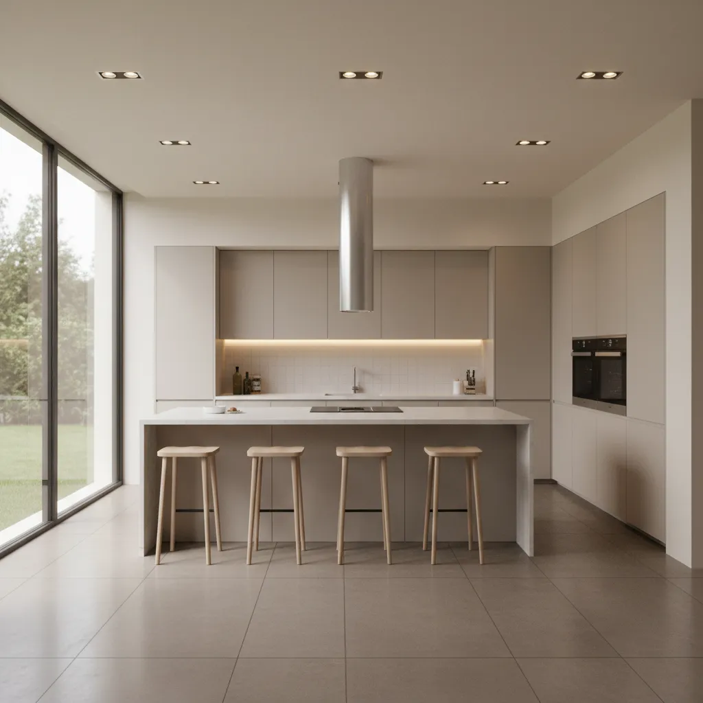 Kitchen ceiling with evenly spaced recessed lighting layout