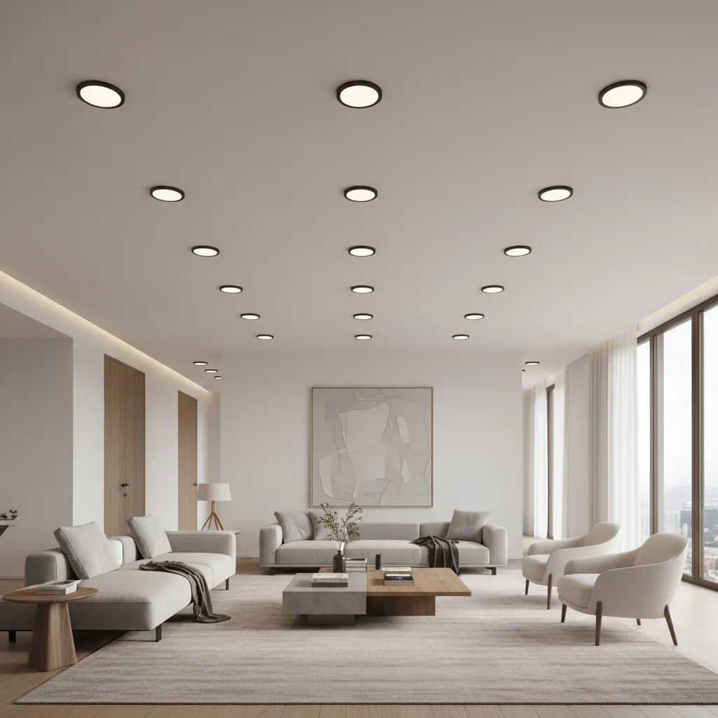 Living room ceiling with multiple recessed pot lights creating even lighting