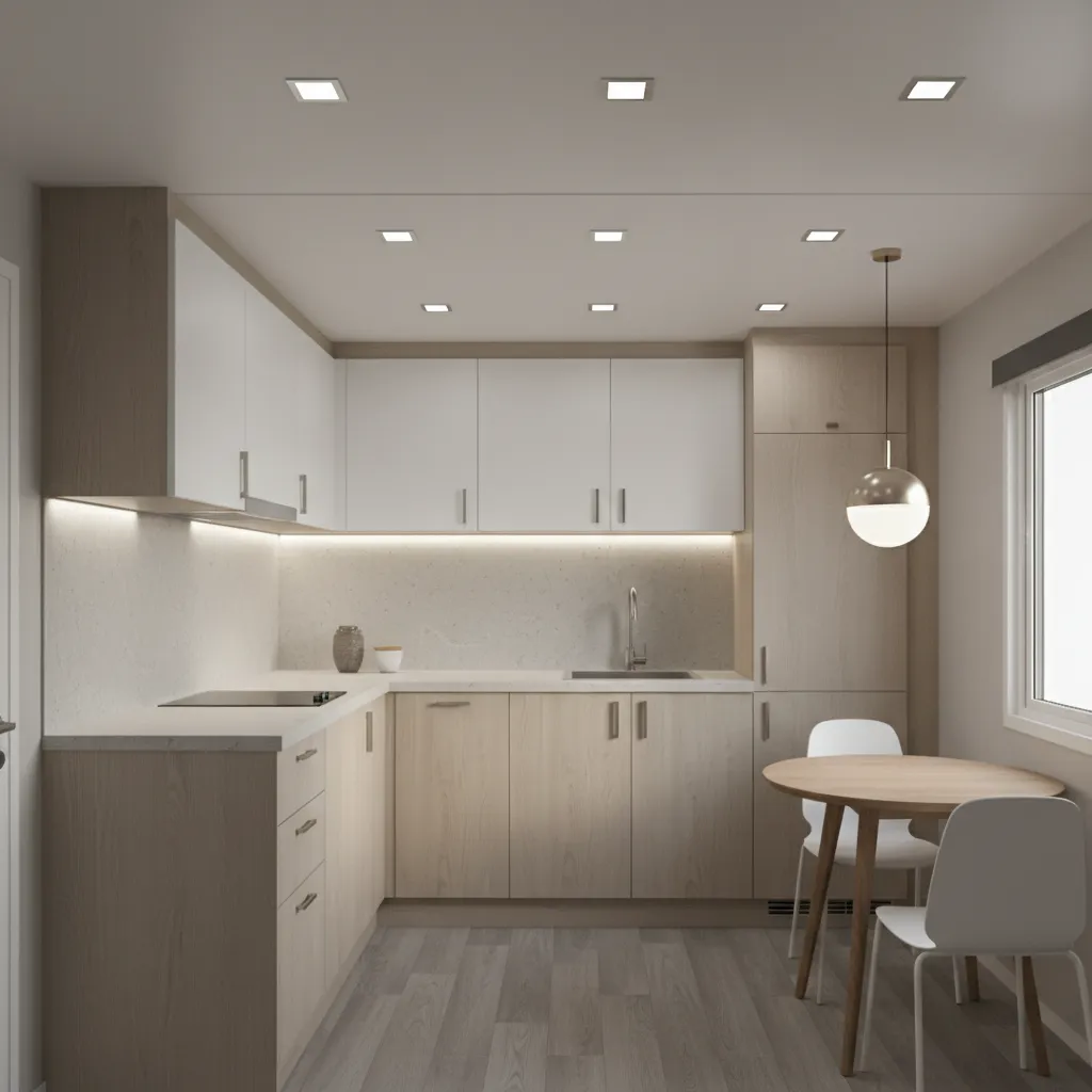 recessed wafer lights installed in a small mobile home kitchen ceiling