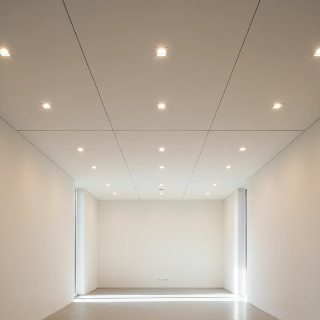 Techo con focos empotrados iluminando un espacio interior moderno