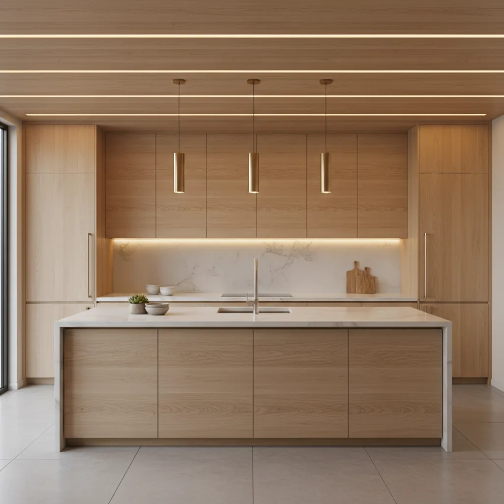 Ceiling recessed lighting illuminating white oak kitchen cabinets
