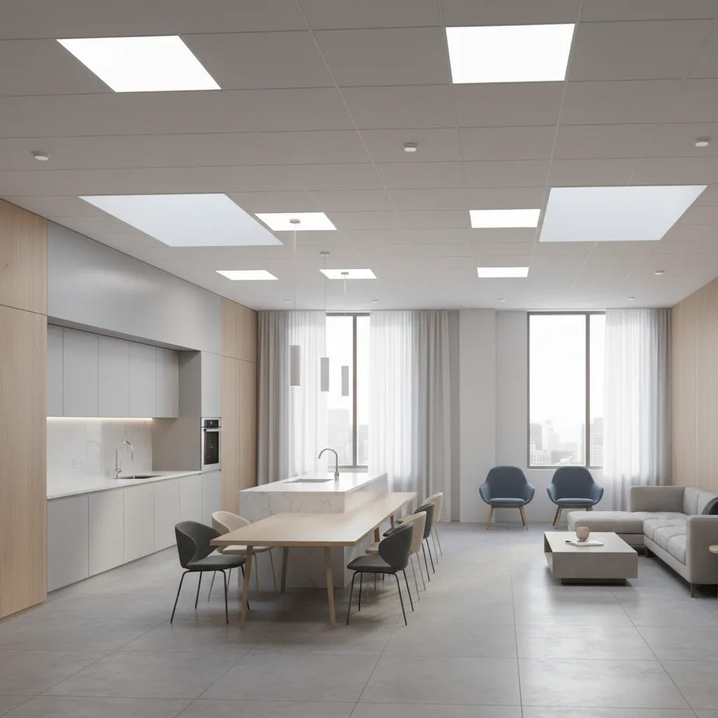 Modern office break room ceiling with recessed lighting