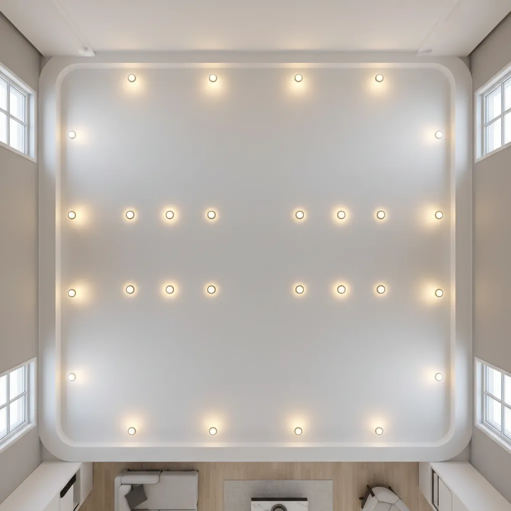 Grid layout of recessed lights in a rectangular living room ceiling