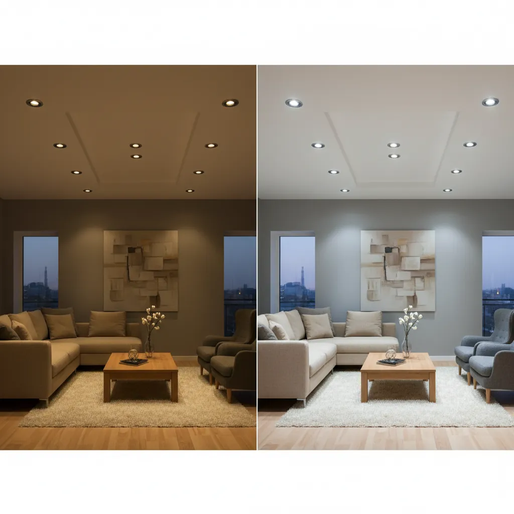 living room comparison showing outdated recessed lighting versus modern LED lighting