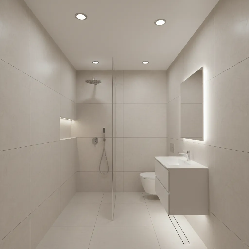Ceiling recessed lights evenly illuminating a narrow bathroom layout