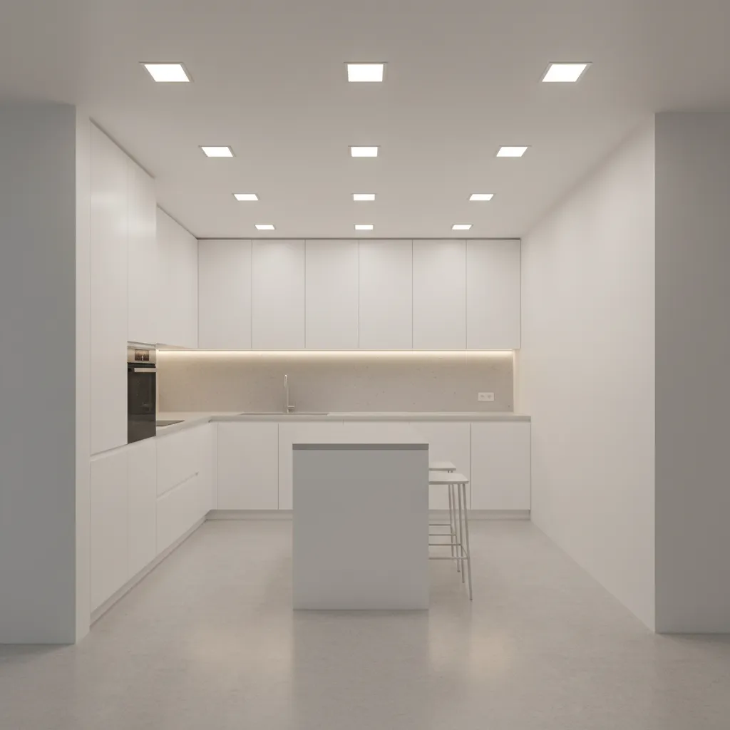 small kitchen with recessed ceiling lighting layout