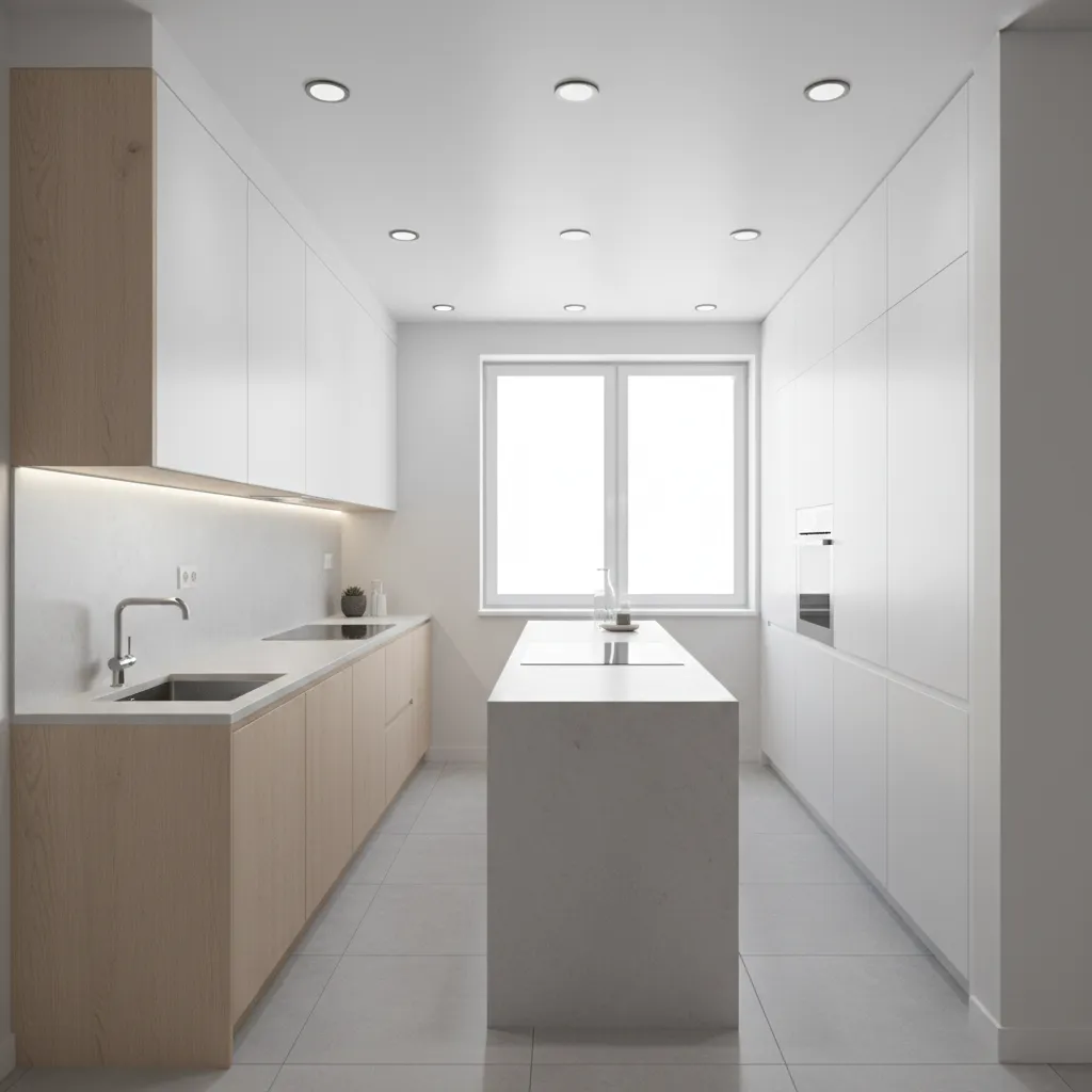 small kitchen ceiling with evenly spaced recessed lights