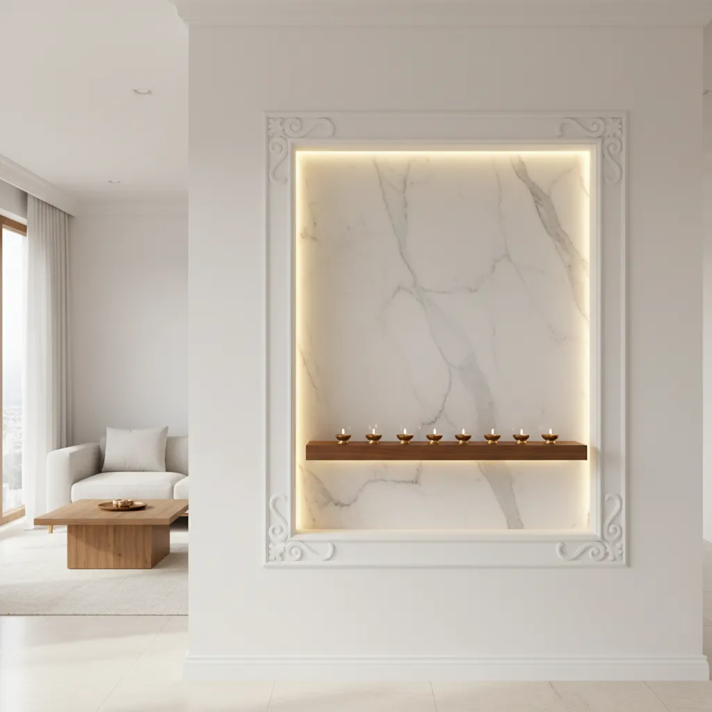 Recessed mandir wall niche with POP border and backlighting
