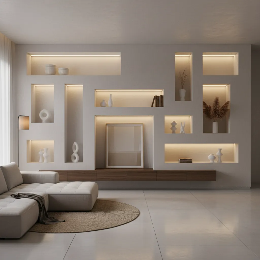 Living room hall wall with recessed display niches and lighting