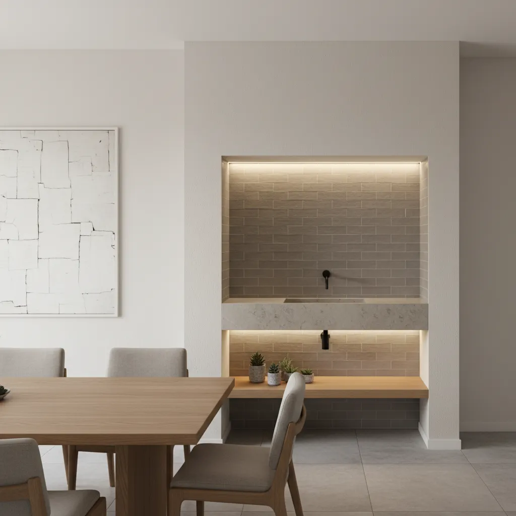 recessed wall niche with stone countertop wash basin in dining area