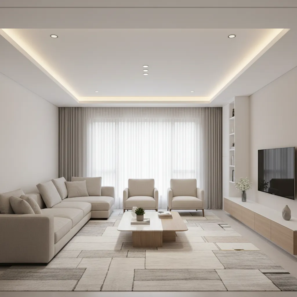 Gypsum ceiling with recessed perimeter lighting illuminating a modern hall