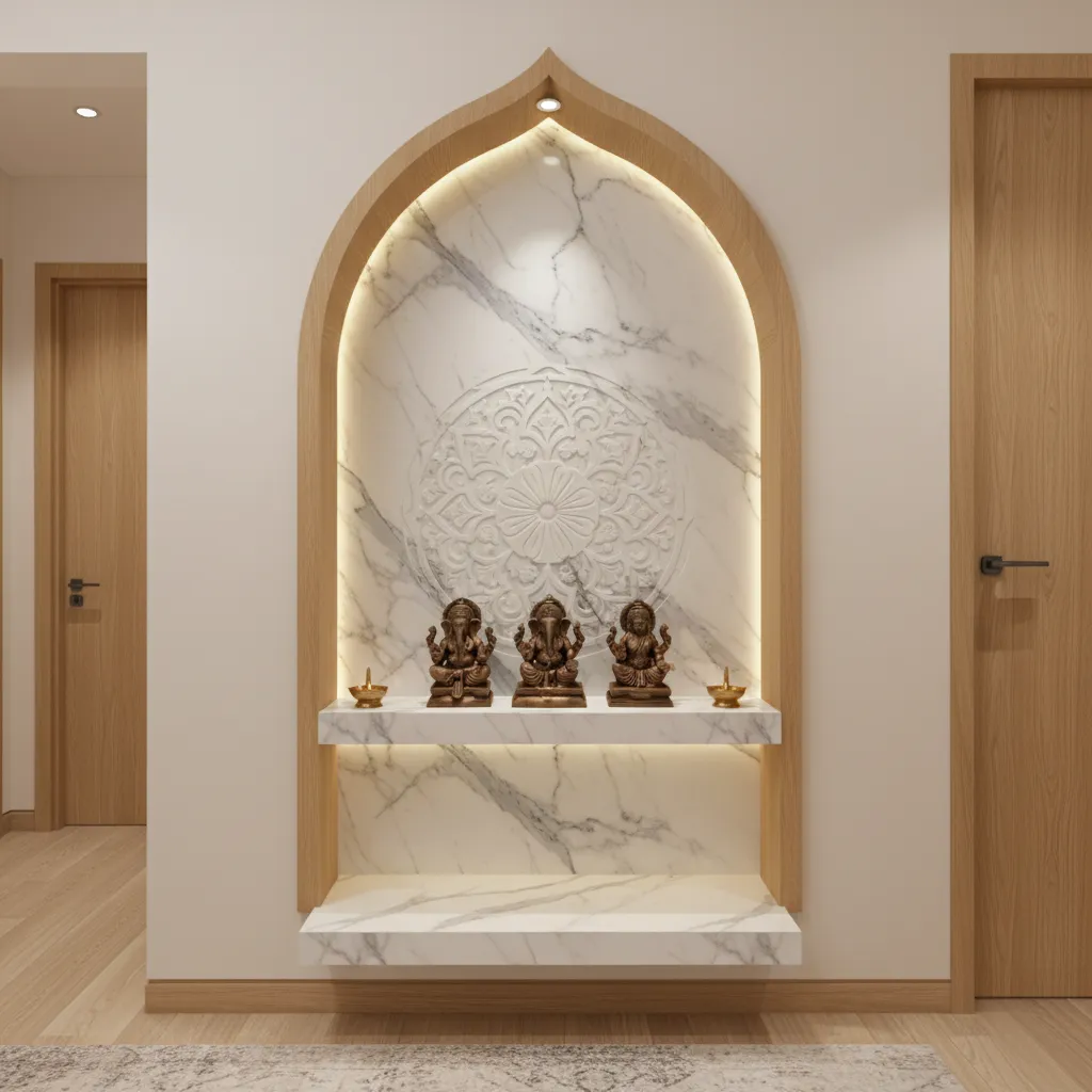 Recessed wall niche used as a compact pooja space