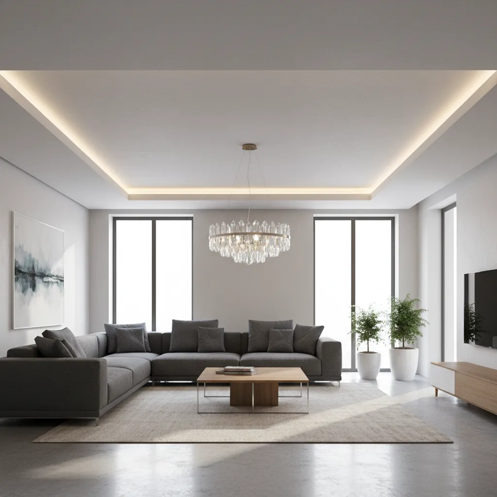 recessed POP ceiling layout with center chandelier in living hall