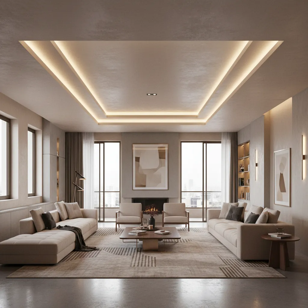 recessed tray plaster of paris ceiling design in modern living room