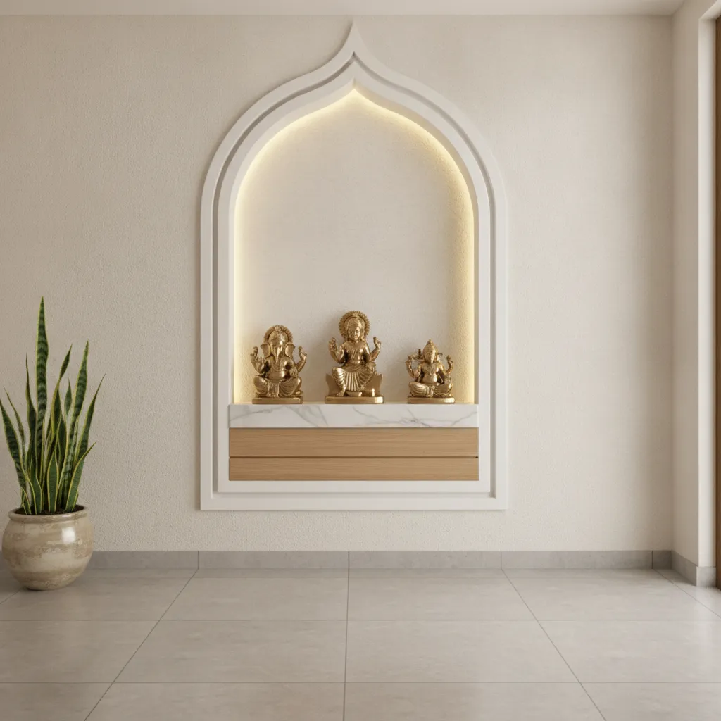 recessed wall niche mandir with POP design and marble shelf
