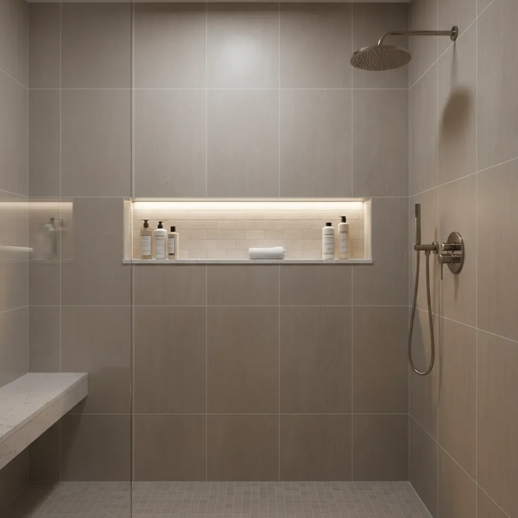 modern shower wall with recessed niche integrated into tile elevation