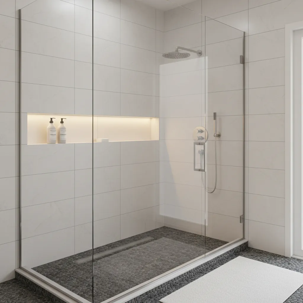 Bathroom shower wall with recessed niche storage shelves
