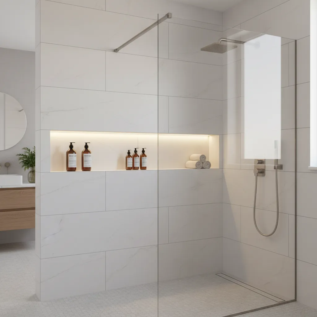 Modern shower wall with recessed niche storage built into tile wall