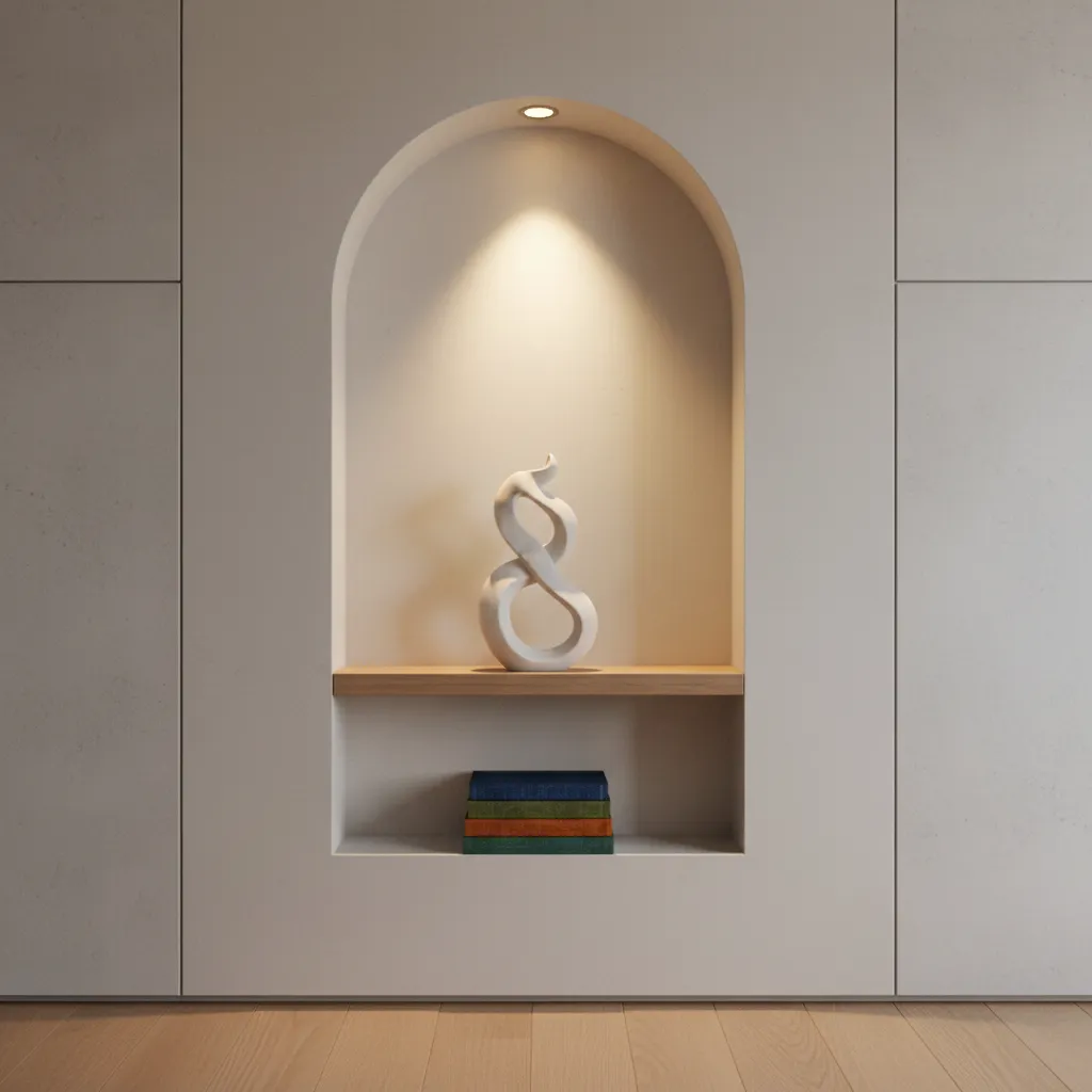 Small recessed spotlight illuminating decorative objects inside a half arch niche