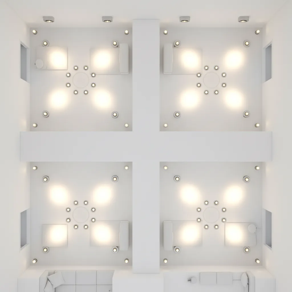 grid layout of recessed spotlights on living room false ceiling