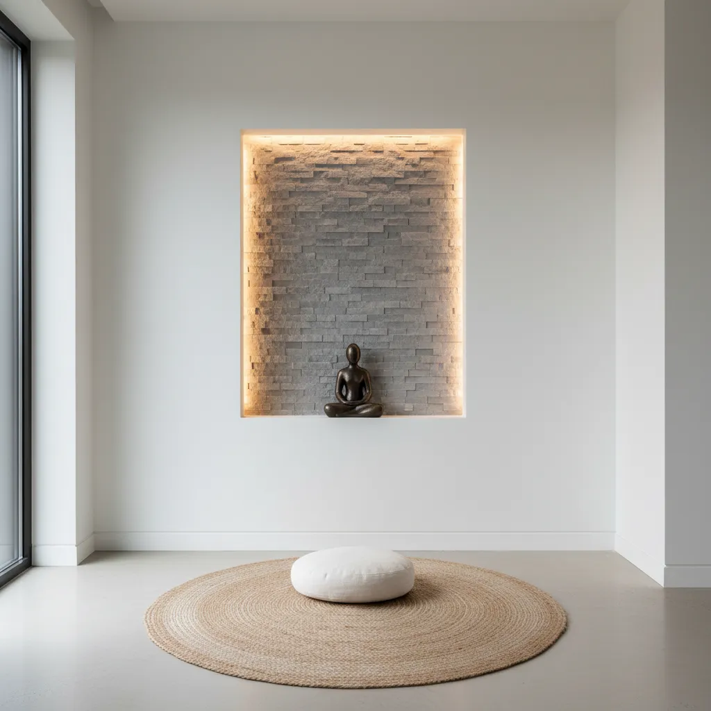 recessed wall niche altar with backlighting and stone texture background