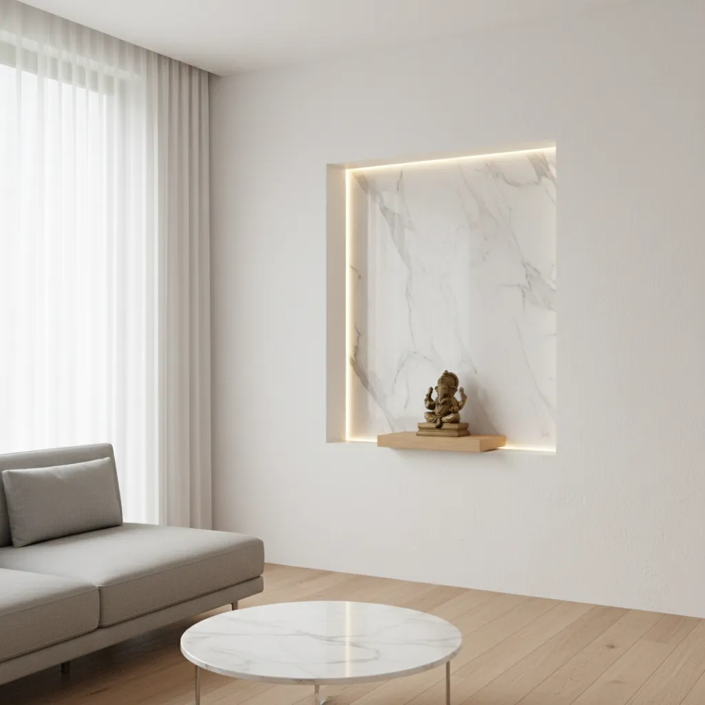 recessed wall niche pooja mandir with marble background and lighting