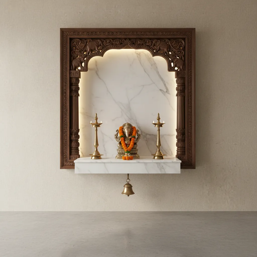 Recessed wall niche pooja room with wood frame Kerala design