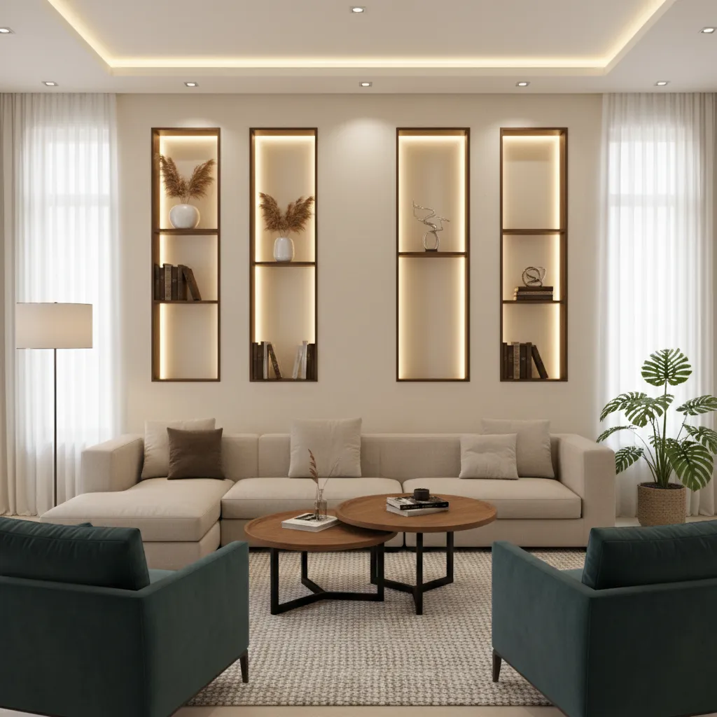 Recessed wall showcase niches in Kerala style living room