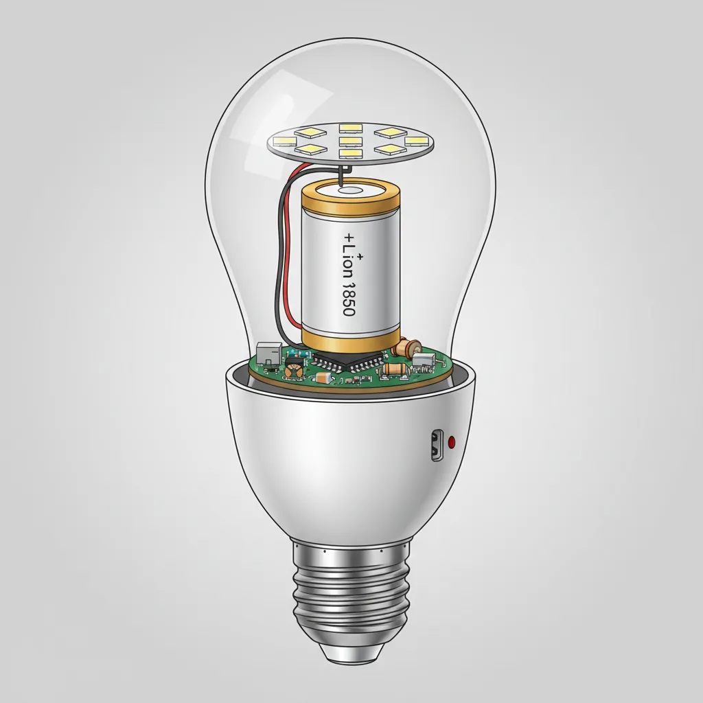 Rechargeable LED bulb with visible internal battery and circuit diagram concept
