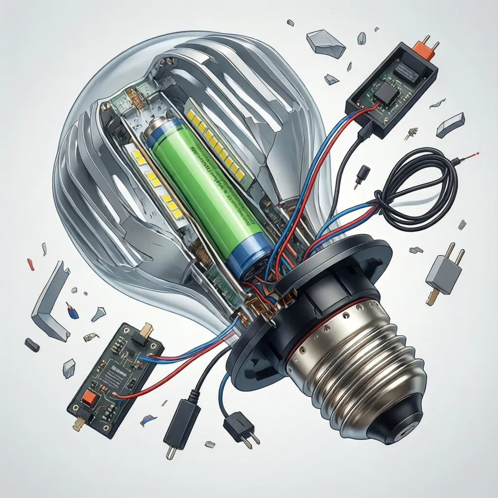 Cutaway illustration showing rechargeable bulb battery and LED driver