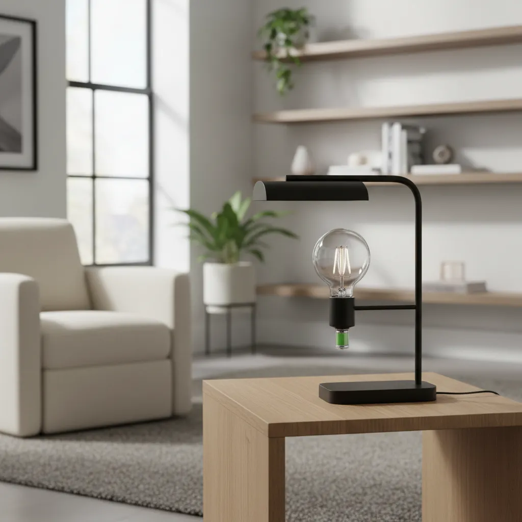 Rechargeable LED bulb installed in a modern lamp socket