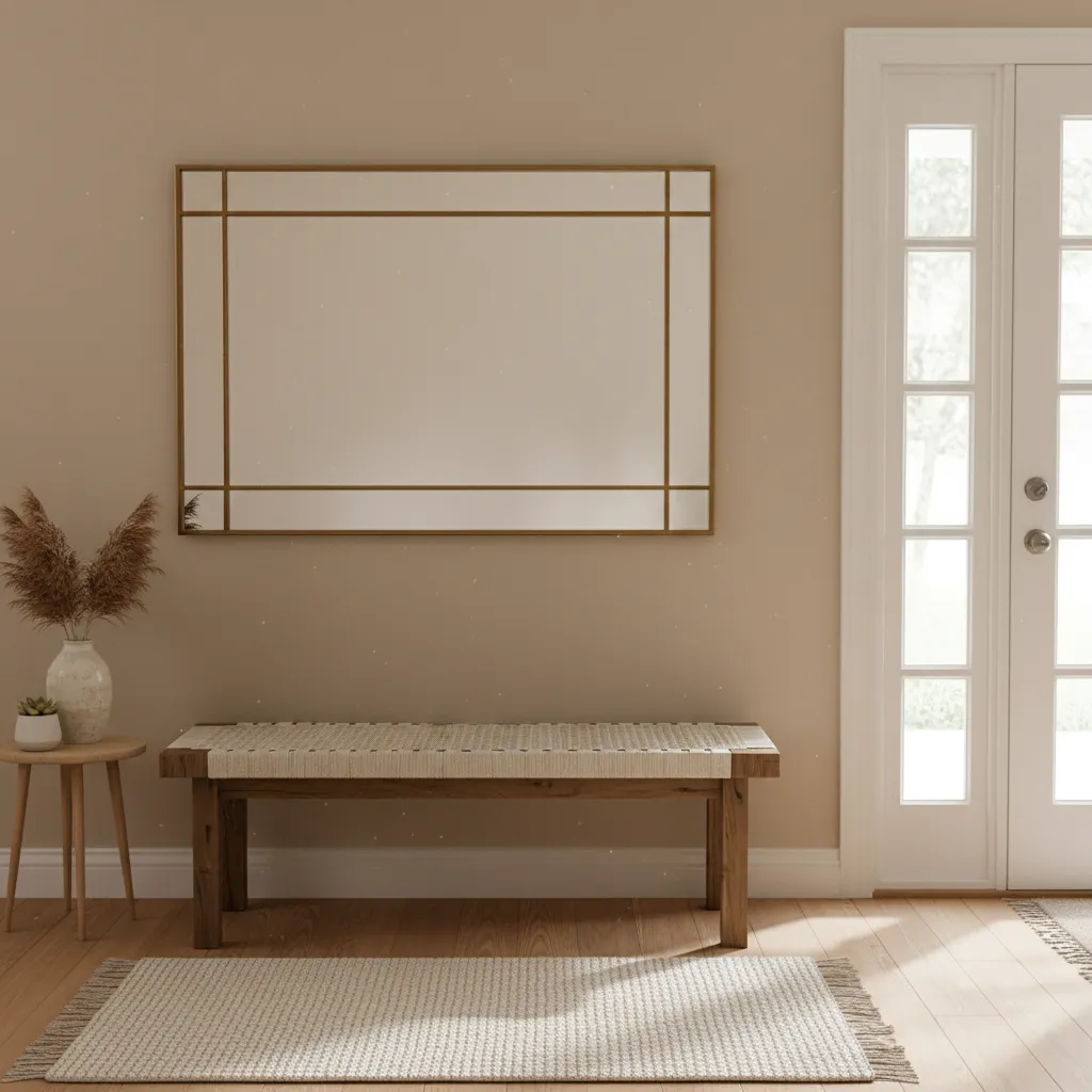 Modern entryway featuring wooden bench with woven top, large framed mirror, rug, and side table