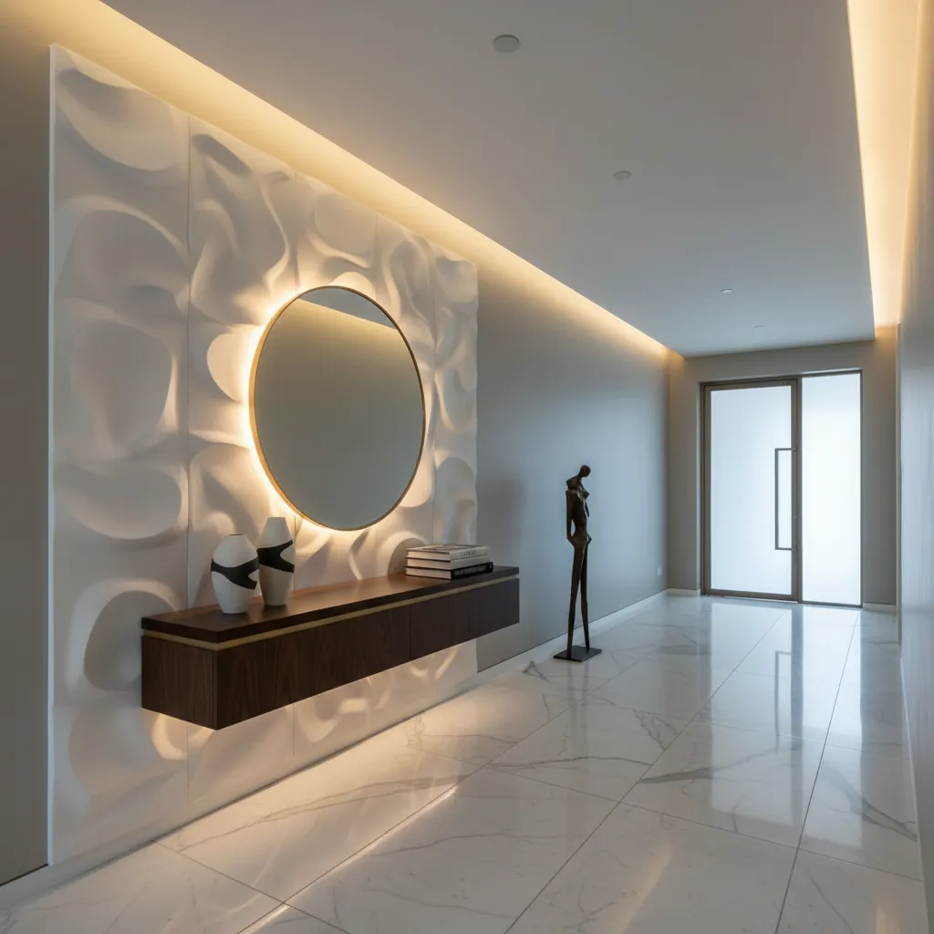 Recibidor elegante con iluminación indirecta y decoración minimalista