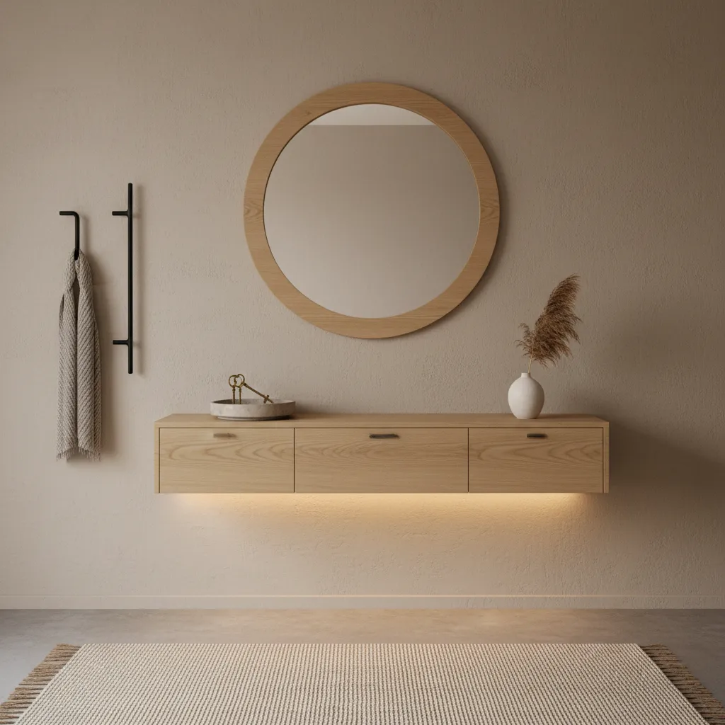 Recibidor moderno con espejo redondo y consola minimalista
