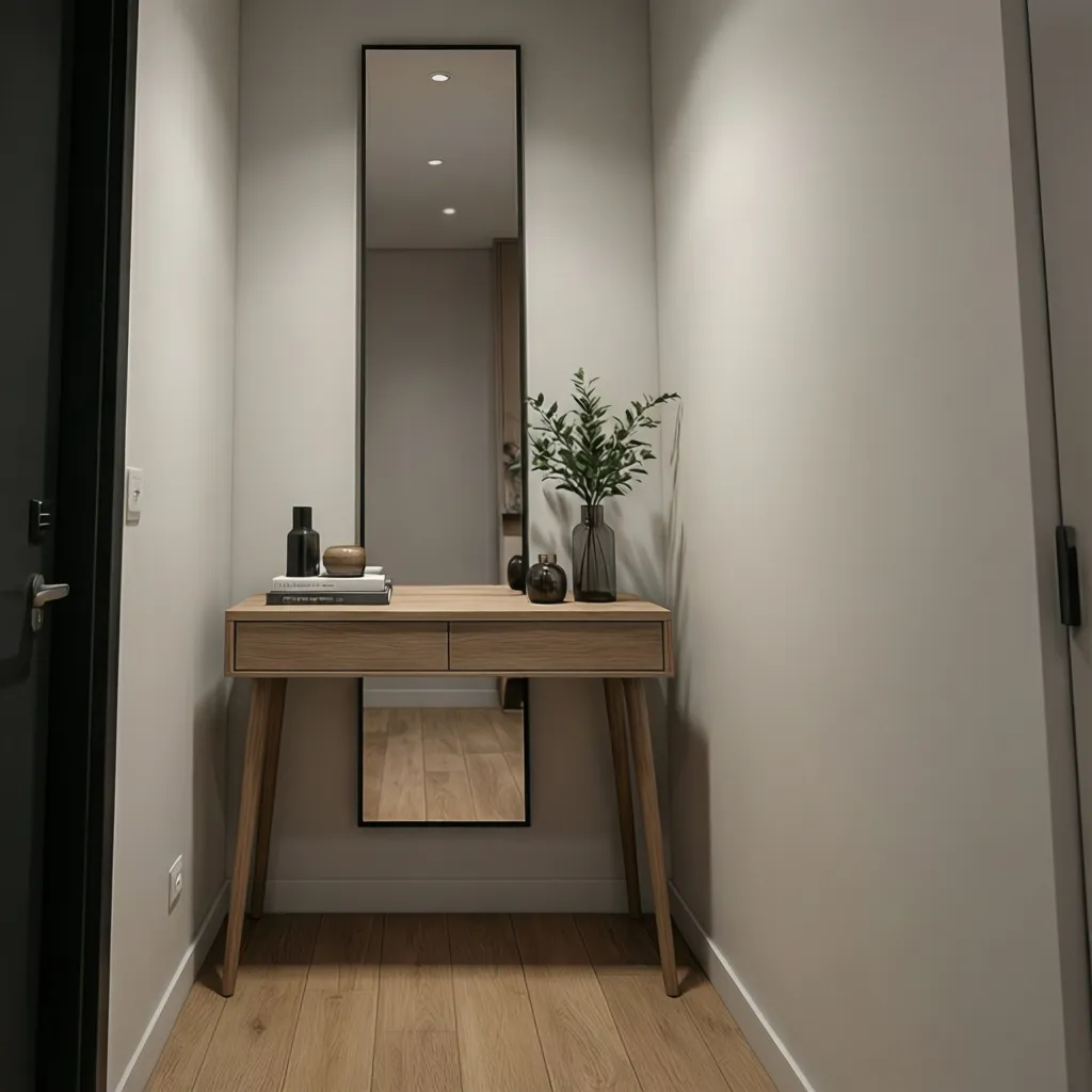 Entrada pequeña con consola estrecha y espejo vertical
