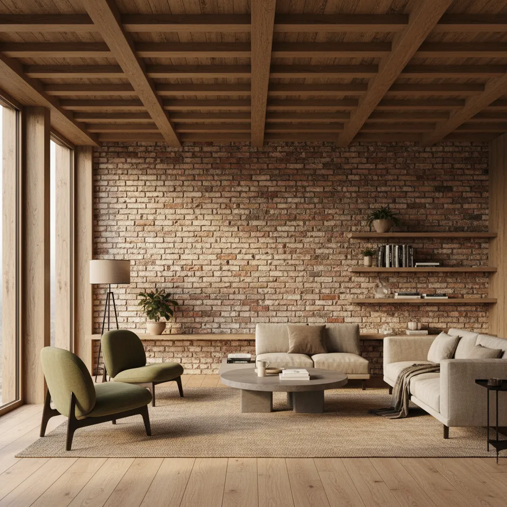 Interior con pared de ladrillo recuperado y vigas de madera reciclada
