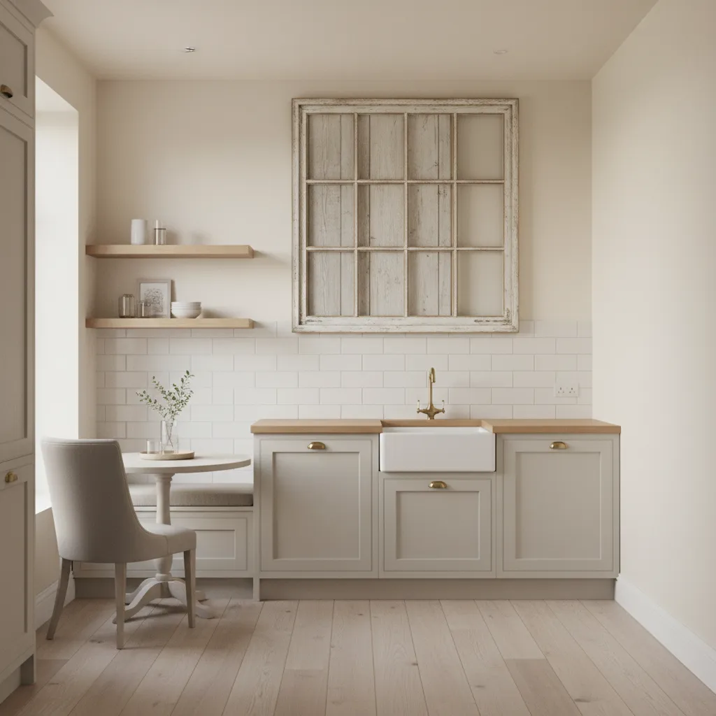 small kitchen wall decorated with reclaimed wooden window frame