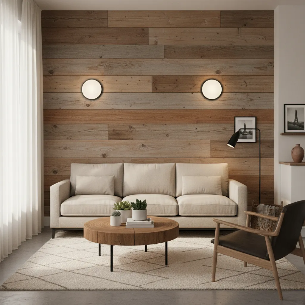 living room with reclaimed wood accent wall behind sofa