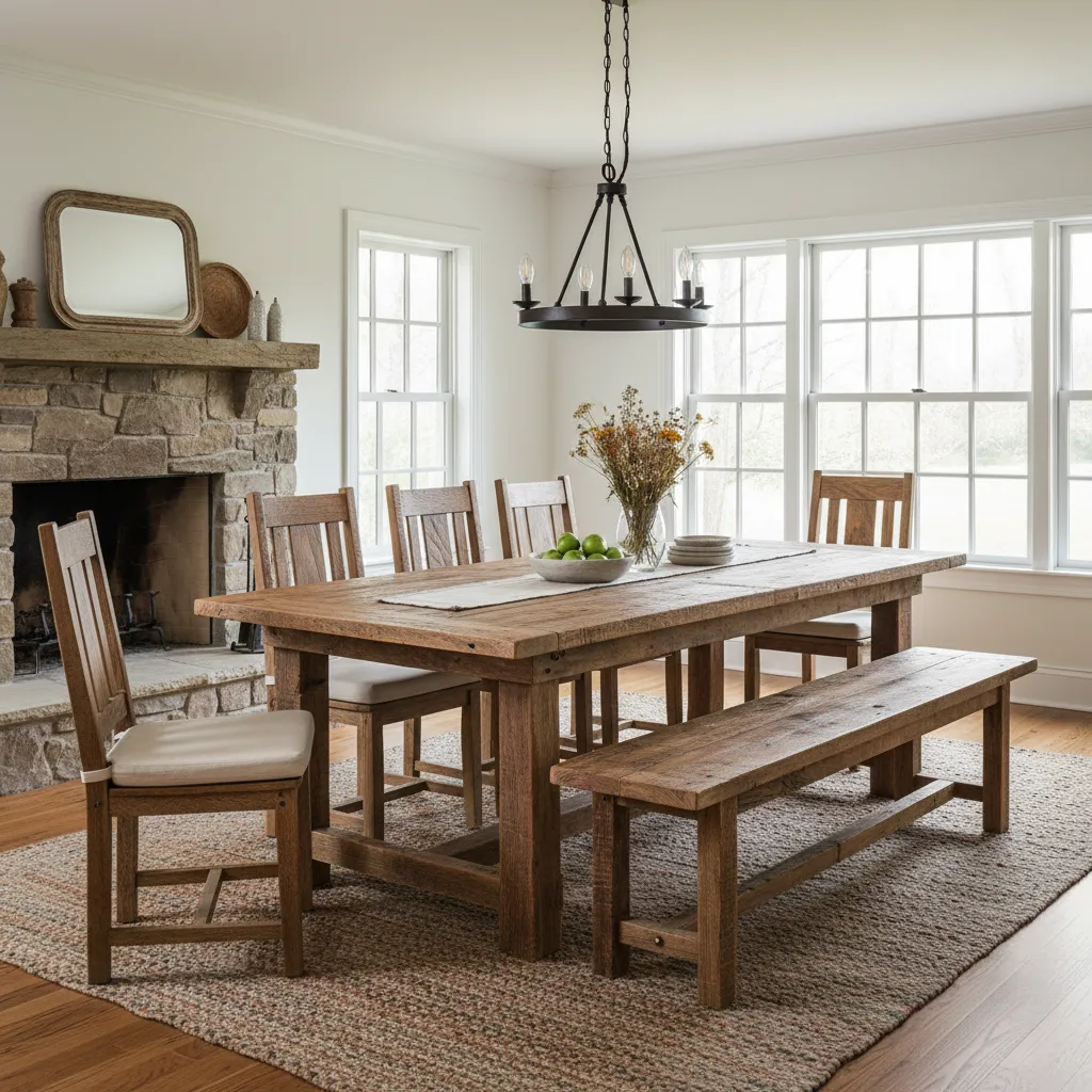 Rustic dining table made from reclaimed barn wood boards