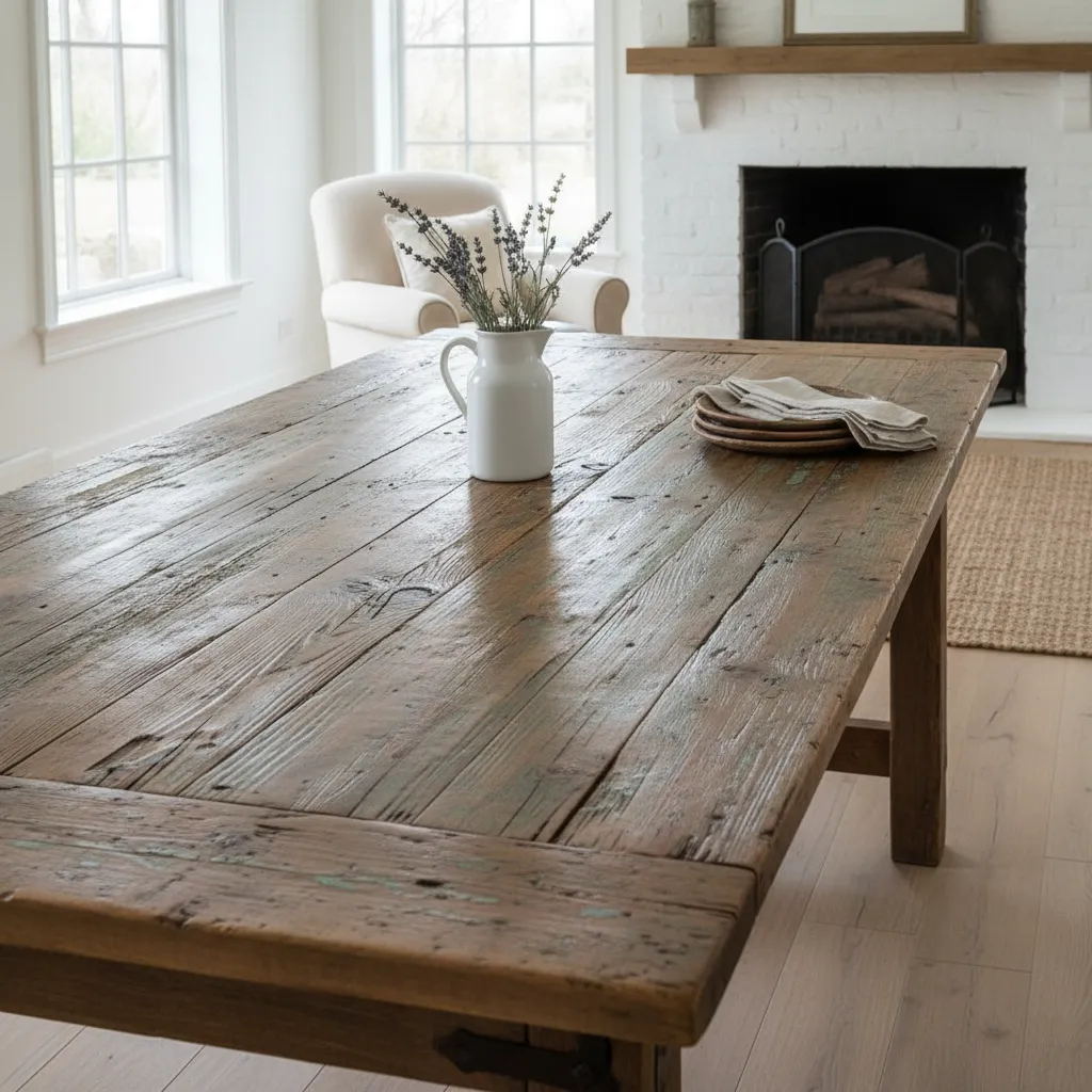 Rustic tabletop made from reclaimed wood boards with visible texture